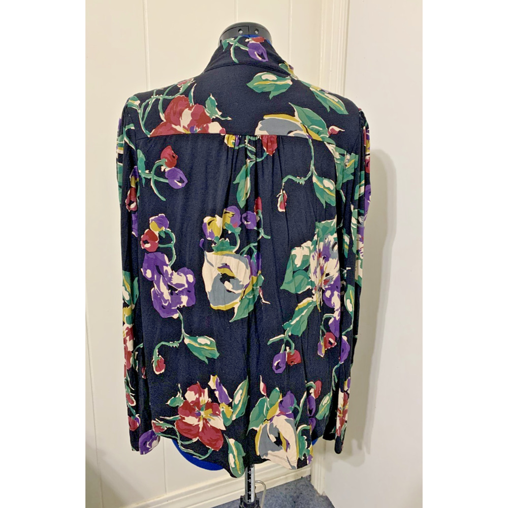 Lauren Ralph Lauren Black Pleated Floral Jersey Tie Neck Top Puff Sleeve XXL - Picture 4 of 10